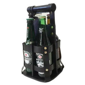 Dryckeshållare i skinn för fyra flaskor - ölflaskhållare